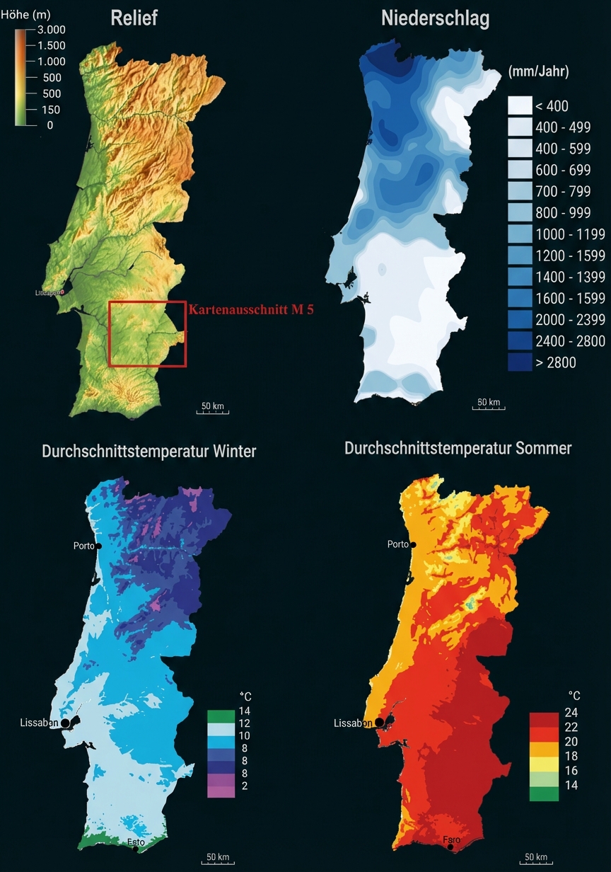 Vier Karten von Portugal: Relief, Niederschlag, Durchschnittstemperatur Winter und Sommer